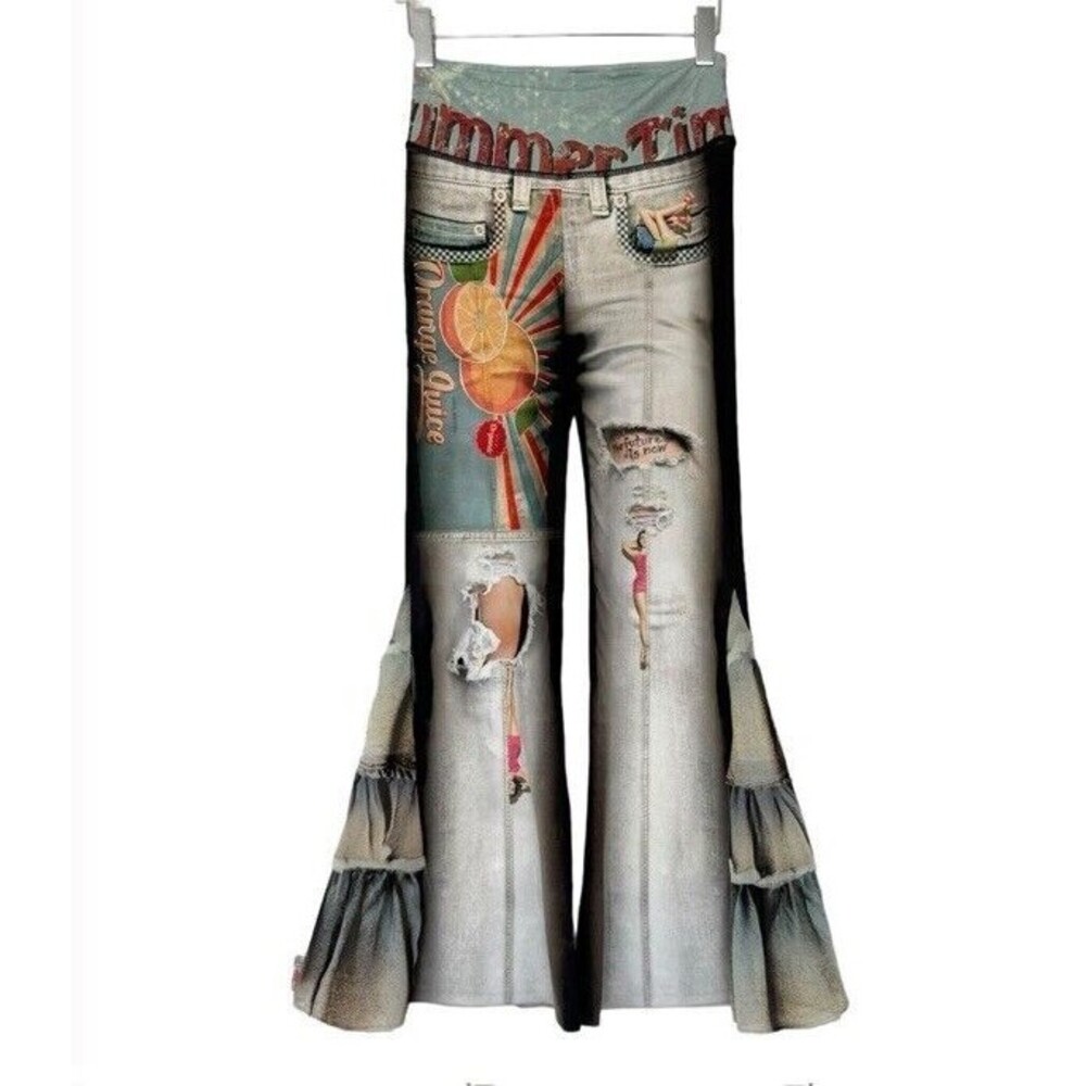 IPNG Designer Faux Denim Leggings Flare Summertime Retro Chiffon Lace M/L 6/8